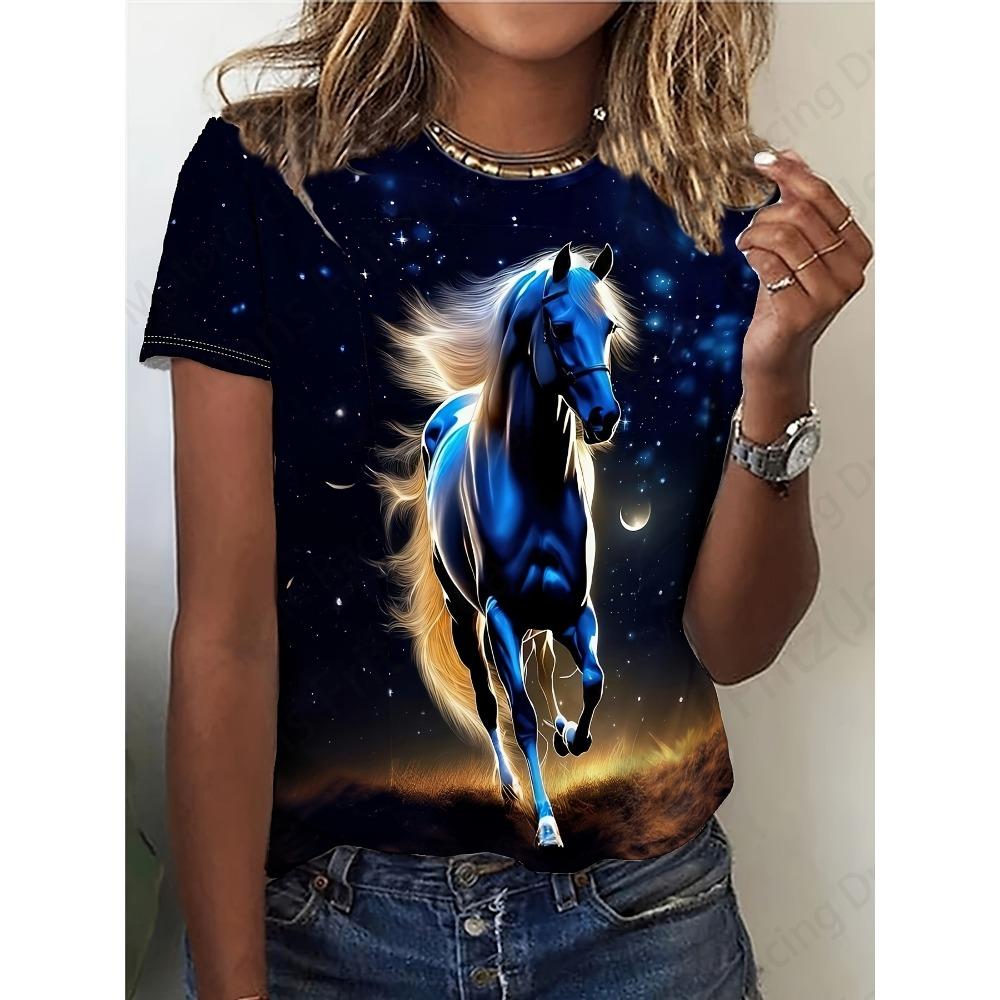 Summer Vintage Women's T-shirt Horse 3d Print Tshirt Women Fashion T-shirt Crew Neck Short Sleeve T Shirt Kids Tops Tees Animal