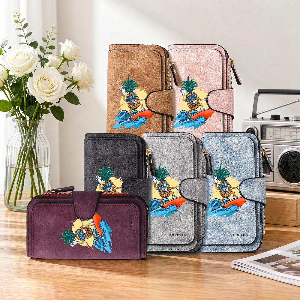 Cute Pineapple Surfing Printed Wallet Casual Card Holder Durable Portable Multipurpose Fashion Trendy Daily Use Purse
