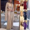 Women's Sequin Prom Dress Long Cape Sleeve Front Twist Knot Maxi Dress
