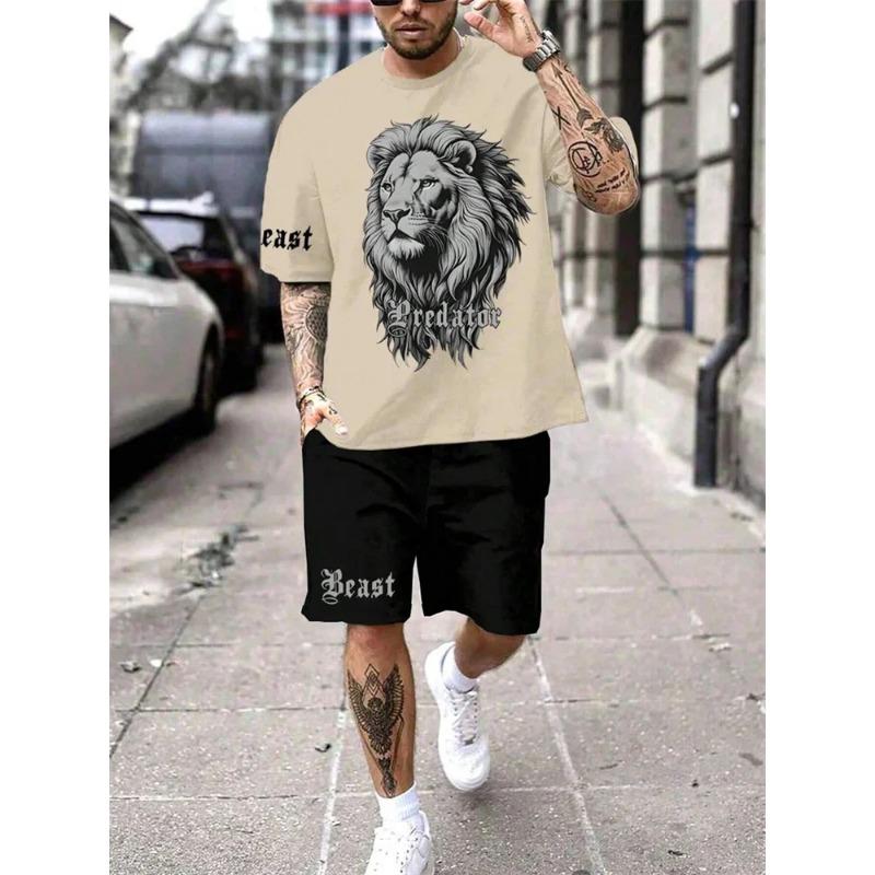 2025 New Lion King 3D Printed Men's Summer Animal Print Relaxed Fit Short Sleeve & Shorts 2-Piece Casual Sport Outfit Set