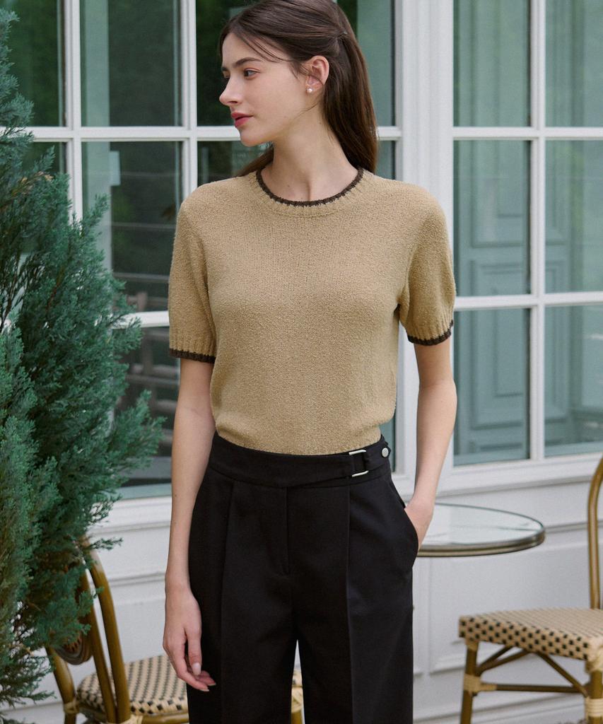 Deuloupisumeon Line Color Block Boucle Short Sleeve Knit [Lemon]