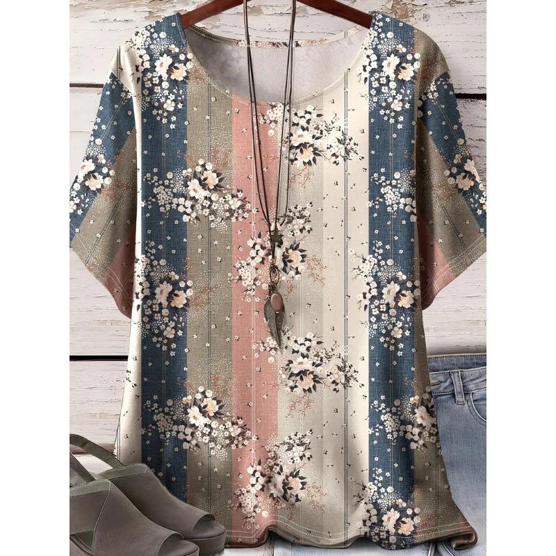 XL-7XL Plus Size Sommartoppar Dam 3D-tryckt Växt Blomma Kortärmad Dam T-shirt