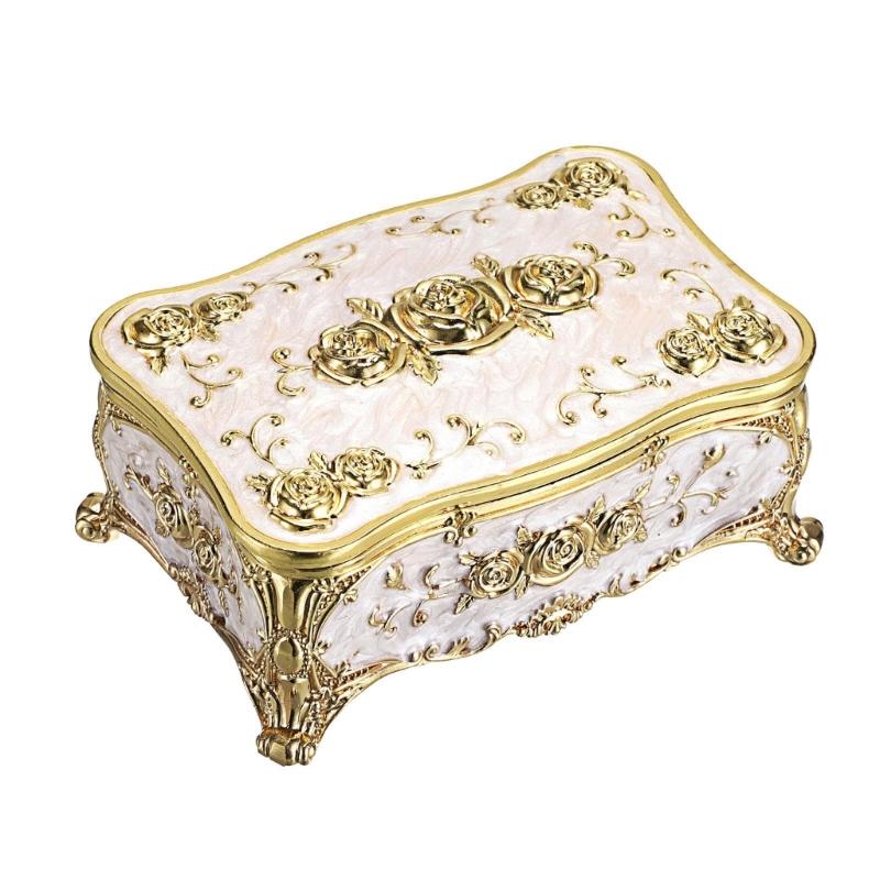 Rose Pattern Enamel Jewelry Box Zinc Alloy Storage Case With Soft Plush Lining for Necklace Earrings