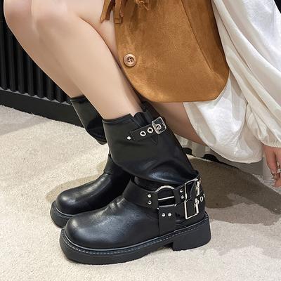 Women's Rivet Designer Thick-soled Short Leather Boots Low Heel Black Buckle New Style Punk Short Boots