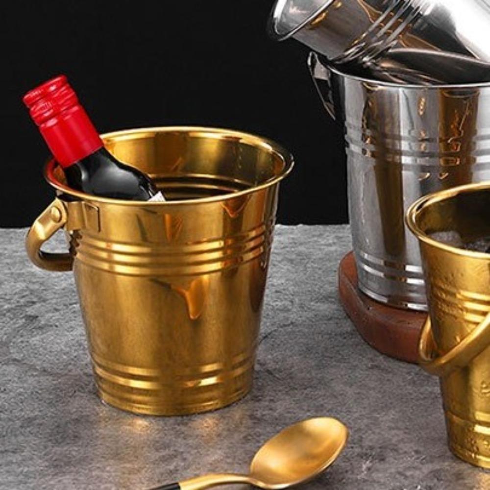 Multifunctional Stainless Steel Ice Bucket Thickened with Handles Mini Metal Buckets Round Portable Champagne Bucket Restaurant