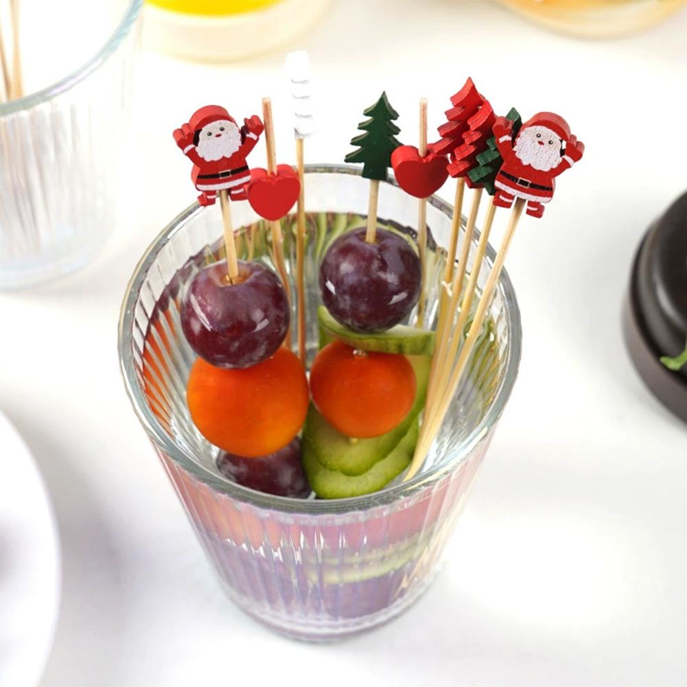 50/100 pièces Brochettes de Noël en bambou, pics à cocktail, décorations pour cupcakes, cure-dents jetables pour desserts et fruits, articles de fête