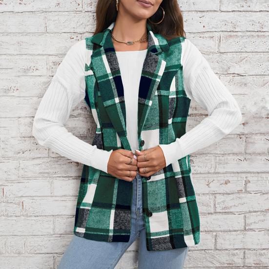 Damen Weste Mantel Herbst Frühling Karomuster Umlegekragen Ärmellos Button Down Warm Mittellang Retro Weste Alltagsjacke