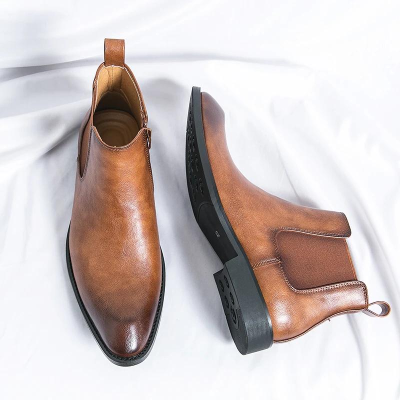 Fashion Brown Chelsea Boots Men Business Black Round Toe Zipper Slip-On Solid Men's Formal Boots Size 38-45