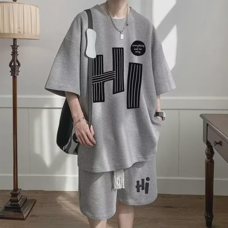 Large Waffle Sports Suit for Boys: Summer Hong Kong Style Loose Fit, Short-Sleeved & Shorts