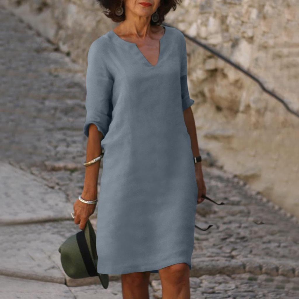 Women's Summer Dress V-Neck Short Sleeve High Waist Sundress Loose Solid Color Beach Dress