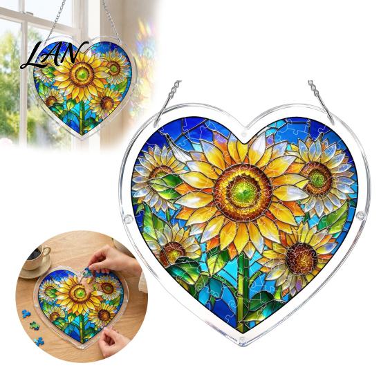Accroche-mur Motif Coloré Puzzle Acrylique Attrape-soleil, Pendentif Fenêtre, Forme de Cœur Vitrail Effet Réaliste Style Attrape-soleil Décoration,