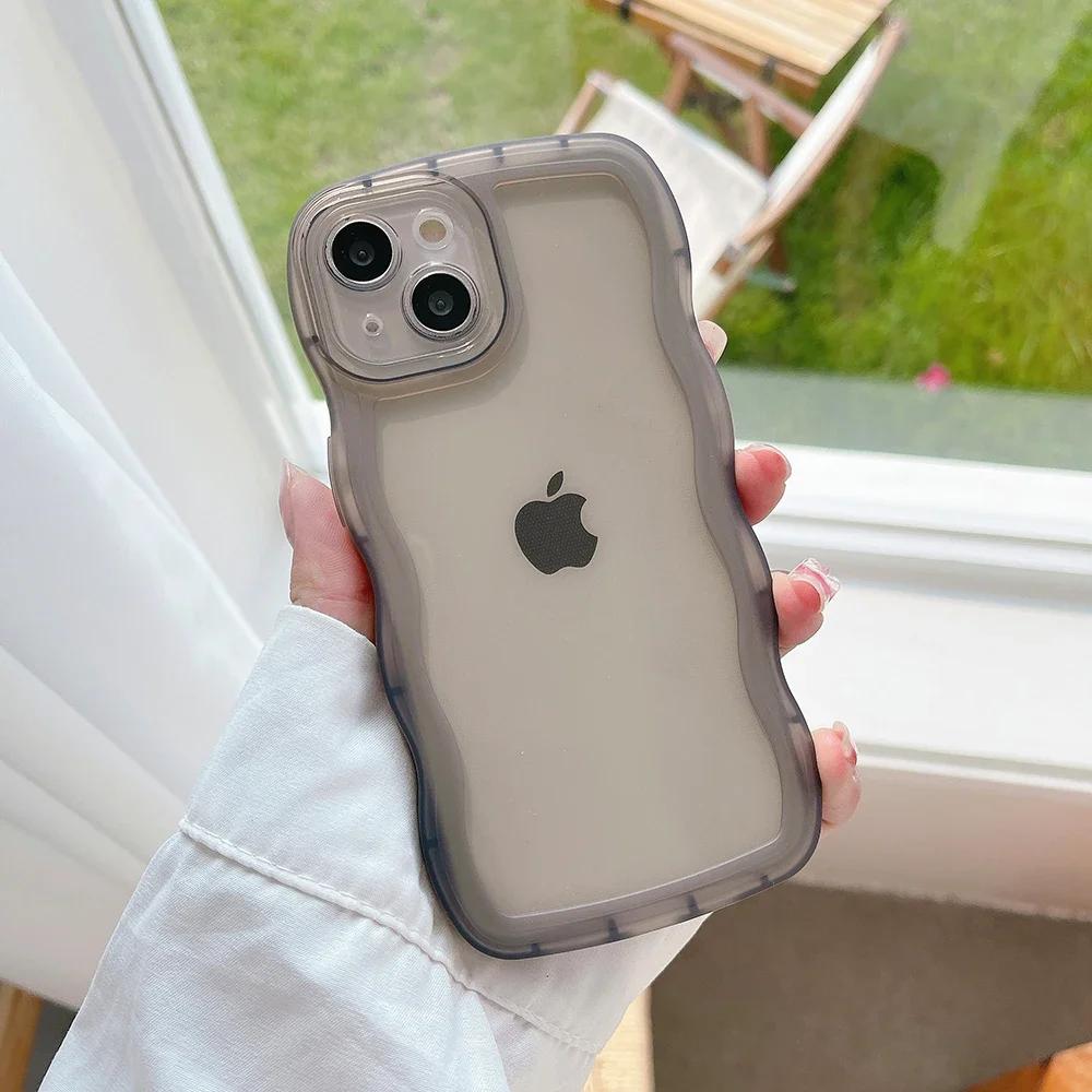 For IPhone 16 15 14 13 12 11 Pro Max Mini XS SE 7 8 Plus Case Cute Clear Curly Wave Hybrid Shockproof Bumper Cover Soft Fundas