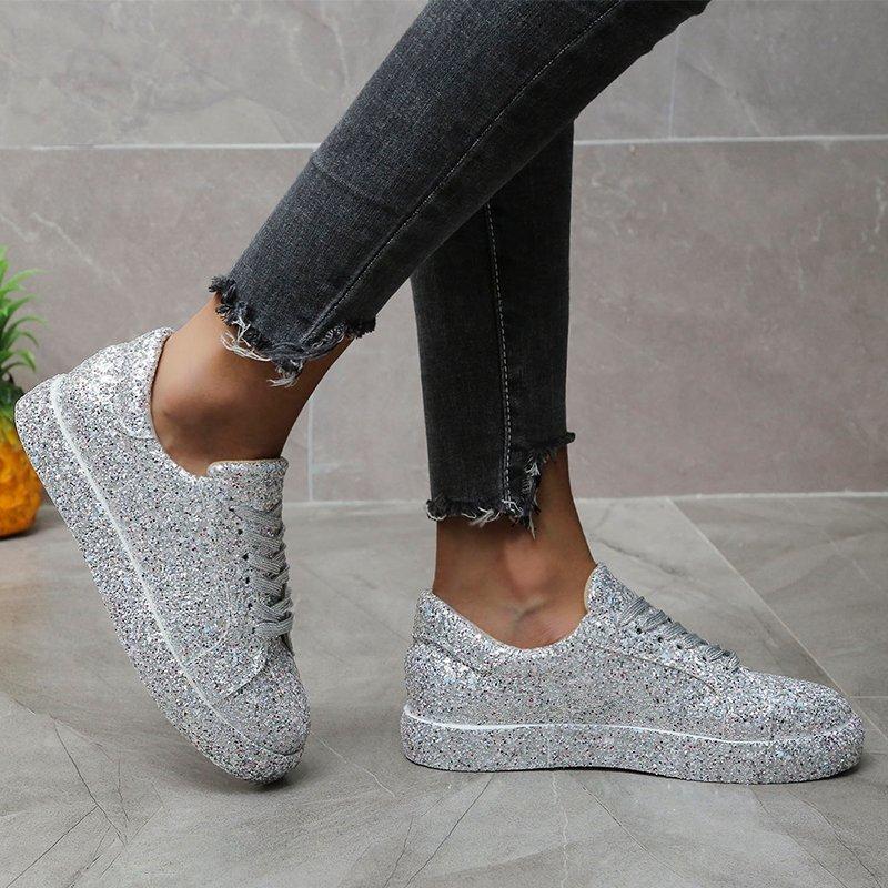 Women Vulcanize Shoes Casual Sneakers Bling Shoes Girls Glitter Bord Shoe Platform Female Breathable Lace Up Outdoor Sport Shoes