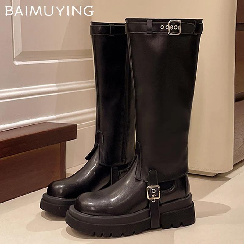 Bottes Hautes à Plateforme en Cuir pour Femmes à Talons Moyens Épais à Boucle de Designer Tendance 2025 Hiver Bottes Gothiques Moto Mi-Mollet Femme