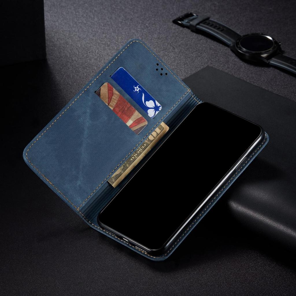 Custodia a portafoglio per rubrica telefonica in pelle denim cowboy di lusso per iPhone 12 Pro Samsung S20 Xiaomi Redmi Slot per scheda Huawei Business Slim Flip Cover magnetica