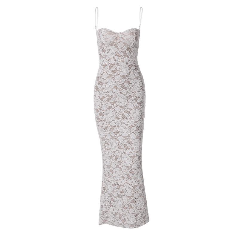 Women's Summer Sexy Lace Splicing Strap Halter Long Slim Suspender Dress Women