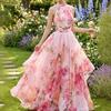 Europe, America, Amazon 3D Digital Printing, Watercolor Flower Printing Neck Waist Pendulum Long Dress
