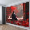 2D Japanische Samurai Ronin Wandteppich, Rote Blätter Tempeltor Wandkunst für Heimdekoration