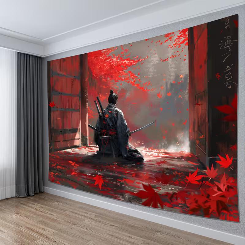 2D Japanische Samurai Ronin Wandteppich, Rote Blätter Tempeltor Wandkunst für Heimdekoration