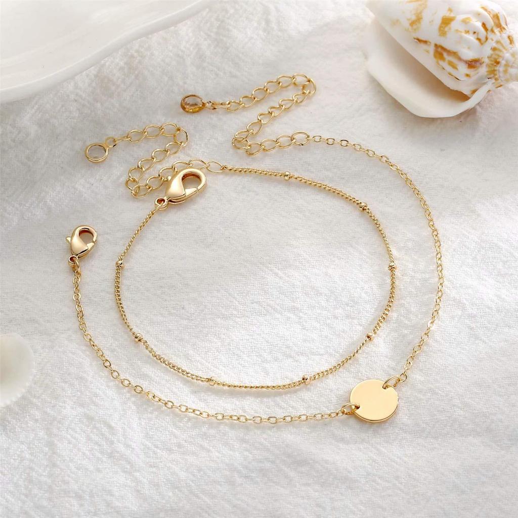 18K Gold Stainless Steel Double-Layer Bead Chain Bracelet Set with Fade-Resistant Round Disc Charms