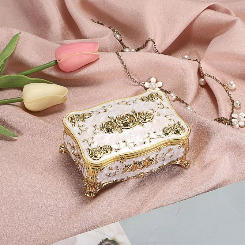 Rose Pattern Enamel Jewelry Box Zinc Alloy Storage Case With Soft Plush Lining for Necklace Earrings