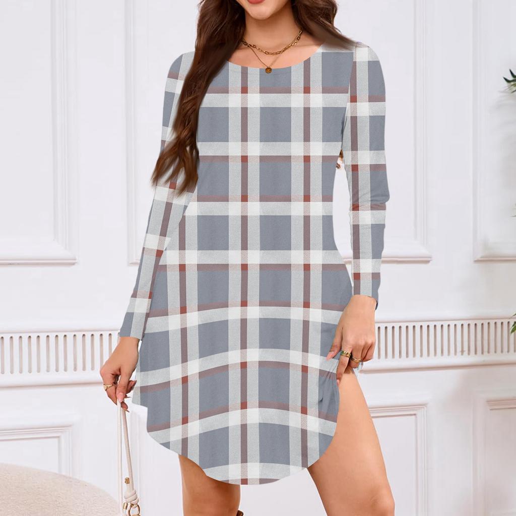 Damen Langarm T-Shirt Kleid mit Rundhalsausschnitt, Knielang, Lockere Passform, Lässig und Taschen