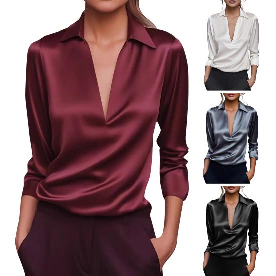Women Shirt Three-Dimensional Fit V-Neck Lapel Long Sleeve Shirt Tops Solid Color Soft Draped Blouse Loose Fit Commuting Shirt Workwear