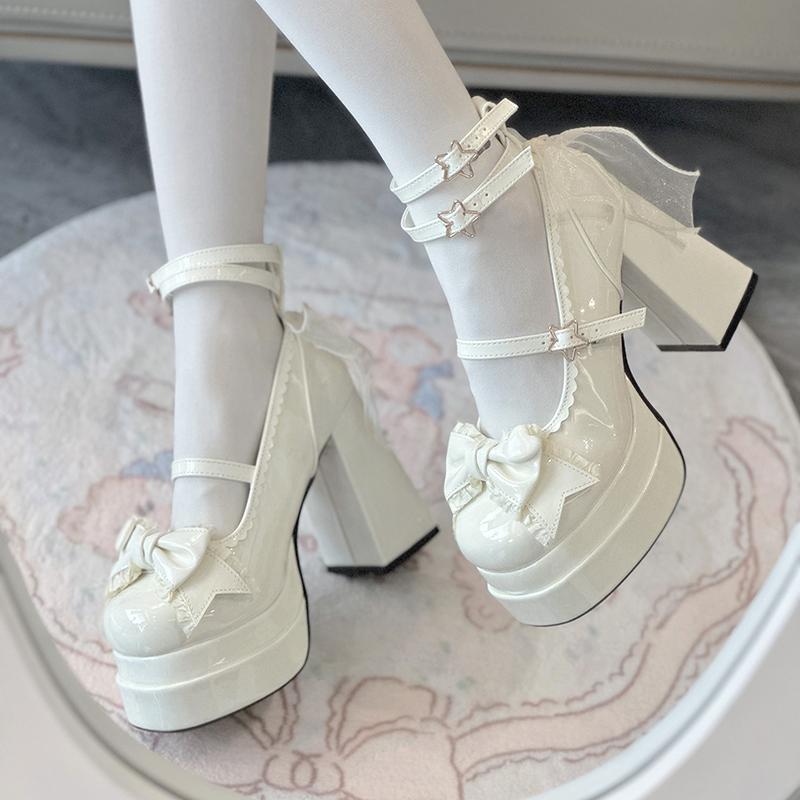 Platform High Heel Women Lolita Shoes Shallow Butterfly-knot Shoes Ladies Party Dress Cross Strap Pumps Shoes