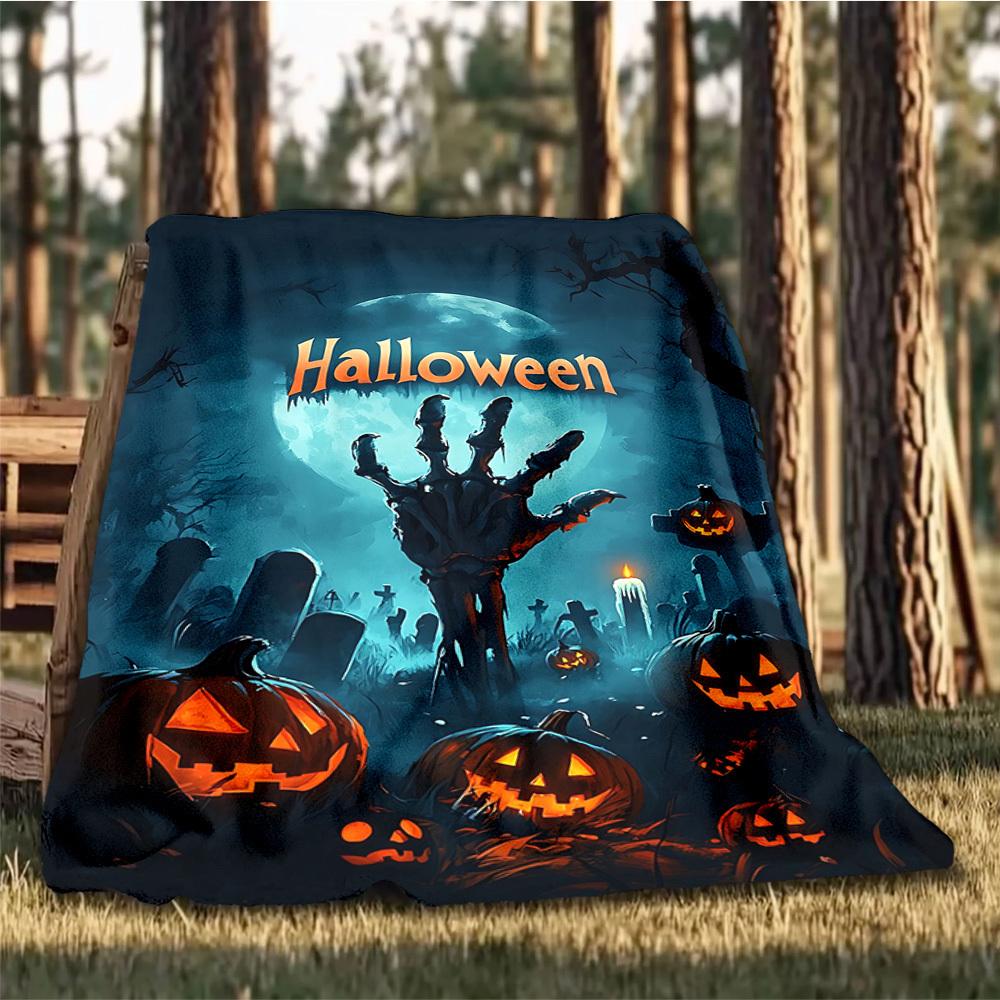 1 buc Pătură Aruncată cu Scenă Cimitir de Halloween Fibră de Poliester, Flanelă Ușoară, Moale și Călduroasă, Utilizare în Toate Sezoanele pentru Exterior, Camping Imprimare Digitală