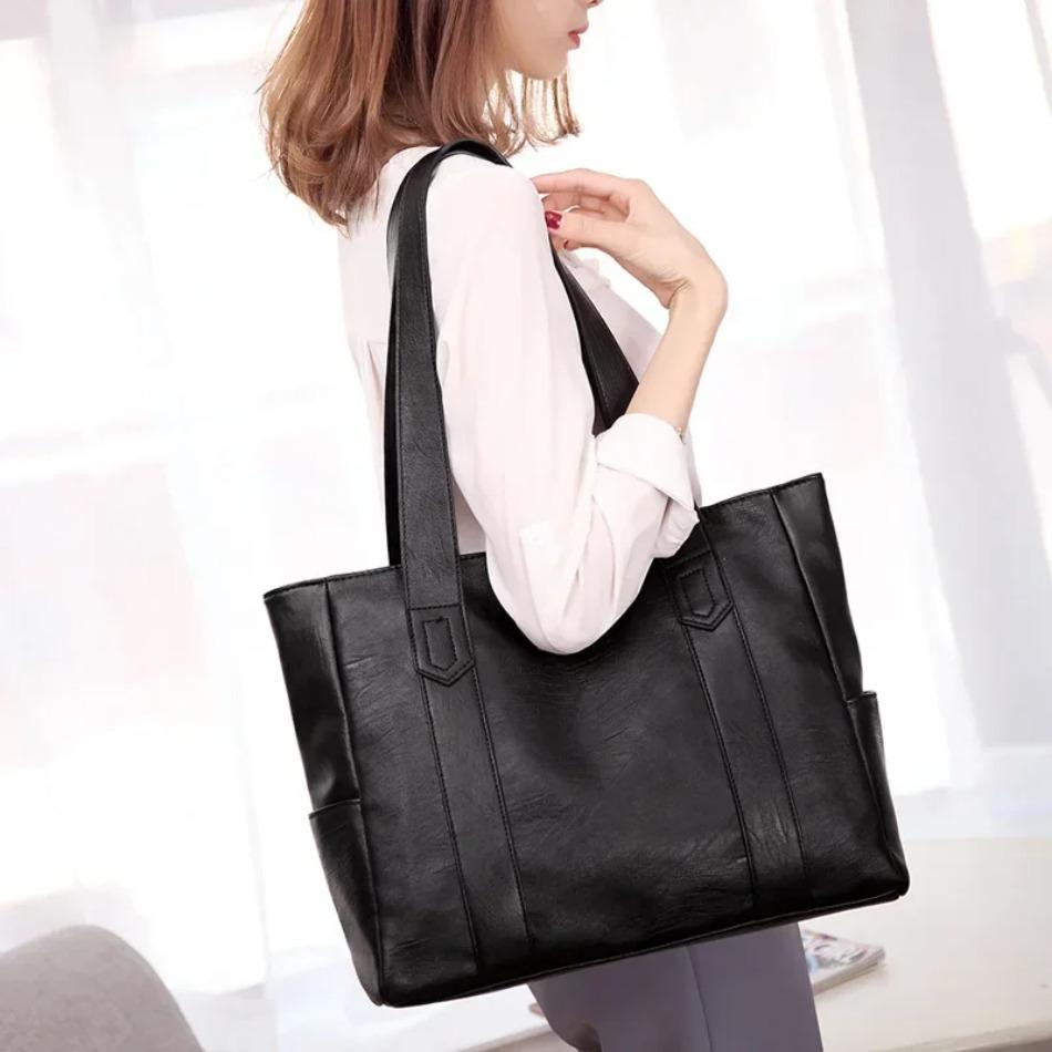 Women Solid Color Soft PU Leather Tote Bag, Large Capacity Shoulder Handbag for Daily Commute