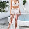 Women's Summer Fashion New Pure Hand Hook Beach Bikini Top Long Fringe Skirt Two Piece Set
