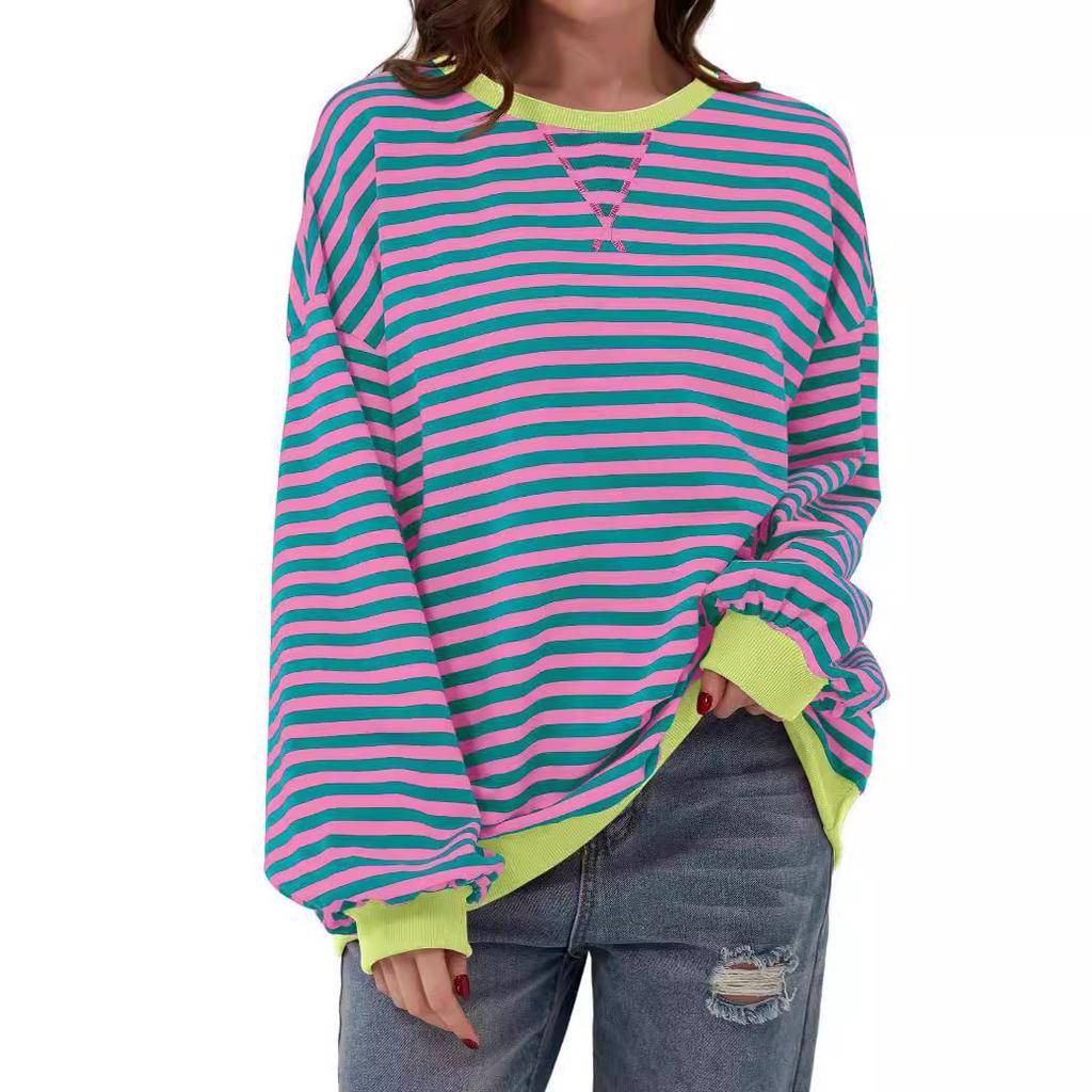 Oversized Sweatshirt for Women Spring Crew Neck Striped Long Sleeve Shirts Hoodies Preppy Top Y2K Outfits Casual Round Neck Pullover T-Shirt