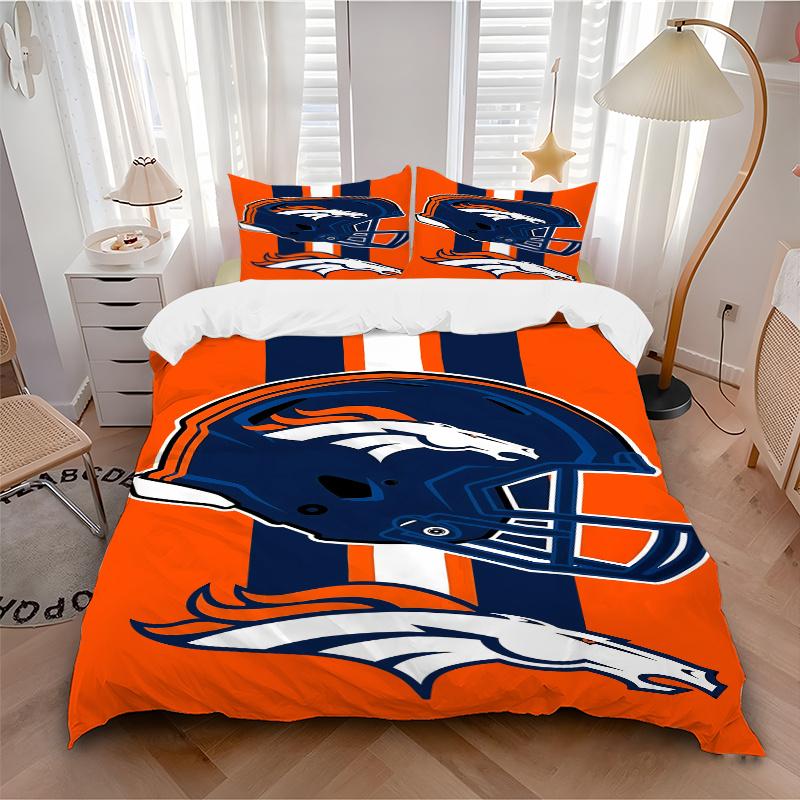 3pcs Denver Broncos Helmet & Bronco Horse Logo Orange Stripes Home Decor Bedding Set-Universal Three-Piece Suit for Bedroom, Guest Room, Liv