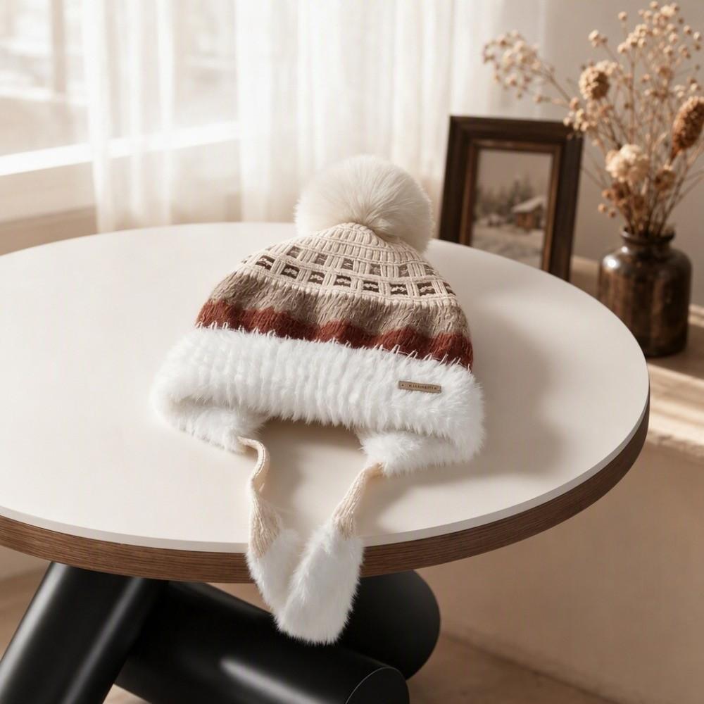 Pom Pom Ear Flap Hat Face Slimming Thick Plush Lined Hat Fair Isle Knitted Hat  Outdoor Activities