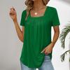 T-shirt plissé à manches courtes et col carré, couleur unie, coupe ample, décontracté, été