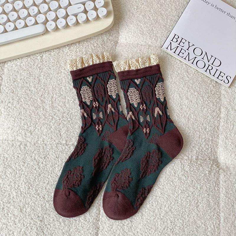 Luxury Socks Korean Fashion Women Harajuku Style Geometric 3D Textured Winter Thick Warm Cashmere Lace Designer Socks Vintage