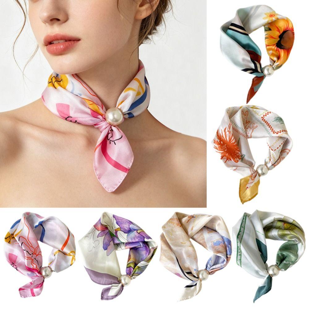Lightweight Silk Scarf Breathable Printed Neck Scarf Accessory Pearl Buckle Scarf  Female