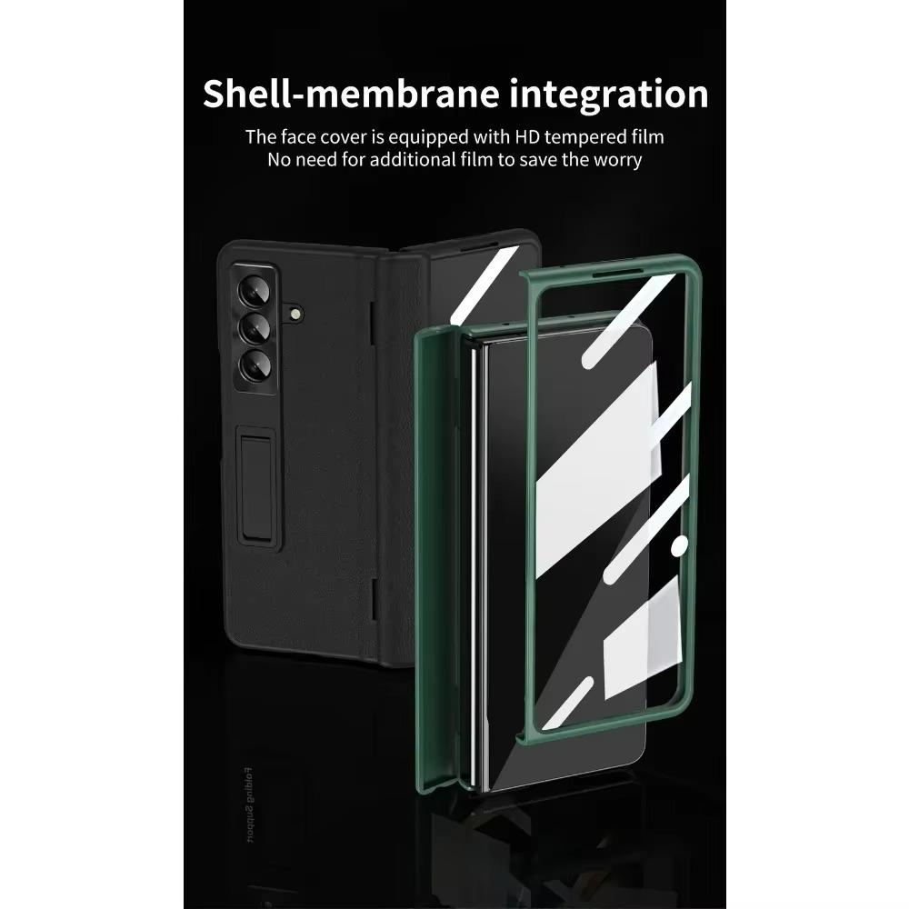Capa de Celular com Película de Vidro Temperado, Suporte Invisível Ajustável, Estilo Executivo de Luxo para Samsung Galaxy Z Fold 7 6 5 4 3, Protege a Tampa Traseira