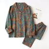 Spring Autumn Ladies Women Pajamas Set Vintage Leaves Printed Cotton Turn-down Collar Long-sleeve Trousers