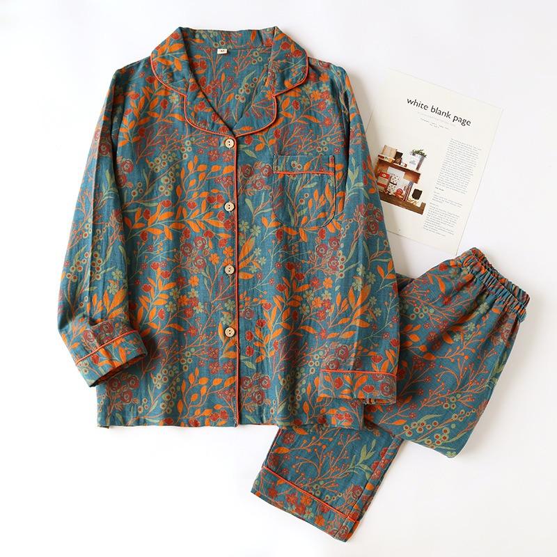 Spring Autumn Ladies Women Pajamas Set Vintage Leaves Printed Cotton Turn-down Collar Long-sleeve Trousers