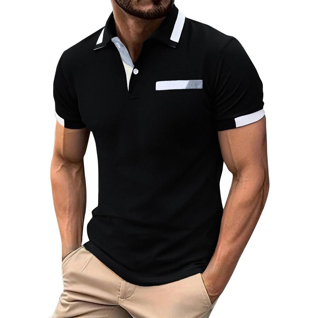 Heren Effen Kleur Knoop Streep Revers Korte Mouw Top Heren Casual Mode Overhemd