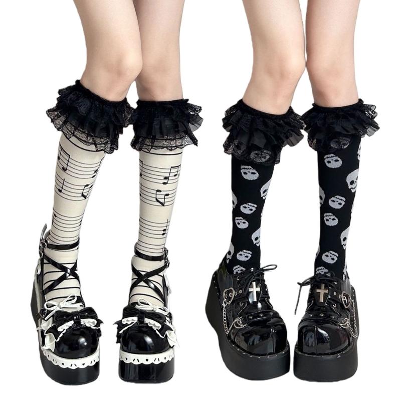 Cotton Knee Length Socks for Women Ruffle Lace Top Grunge Skull Music Note Print Stockings for Dance and Everyday Use