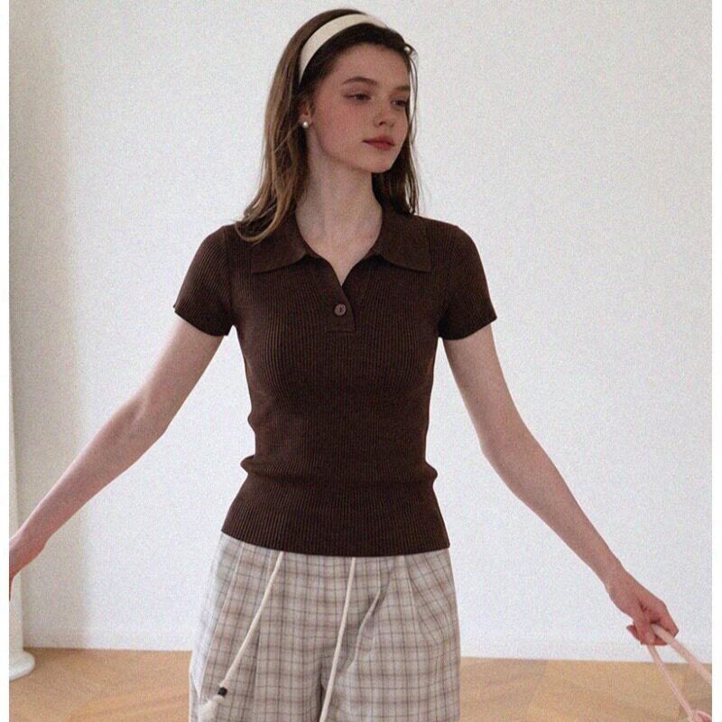 Short Sleeve Polo Neck Knitted Sweater Women's Summer French Design Sense Slim Skinny Lapel Top