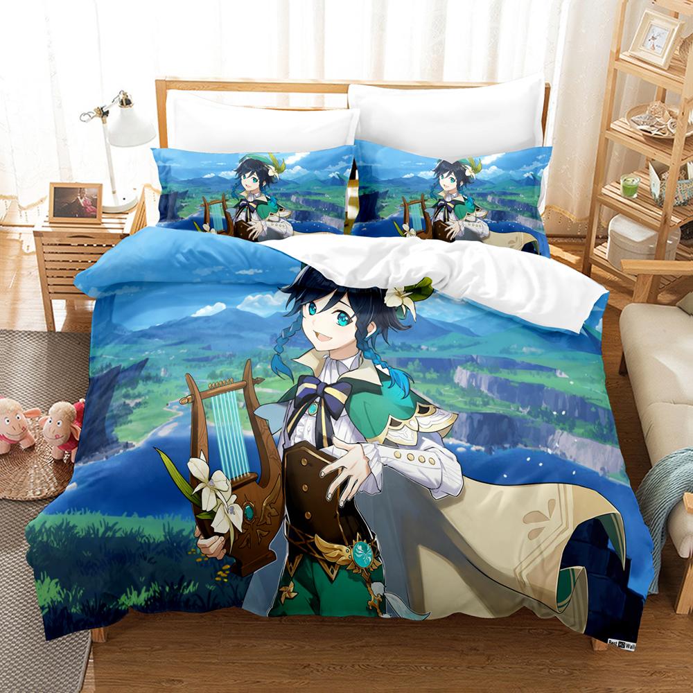 New 3D Digital Printed Games Genshin Impact ThreePiece Bedding Set With Winter Home Polyester Quilt Cover With Cartoon Pattern