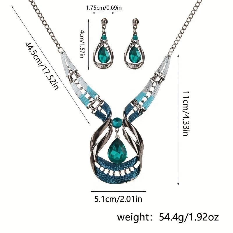Hanmade Faux Gemstone Elegant Pendant Necklace Stud Earrings Shiny Jewelry Set Glitter Water Drop Shape Fashion 1Set