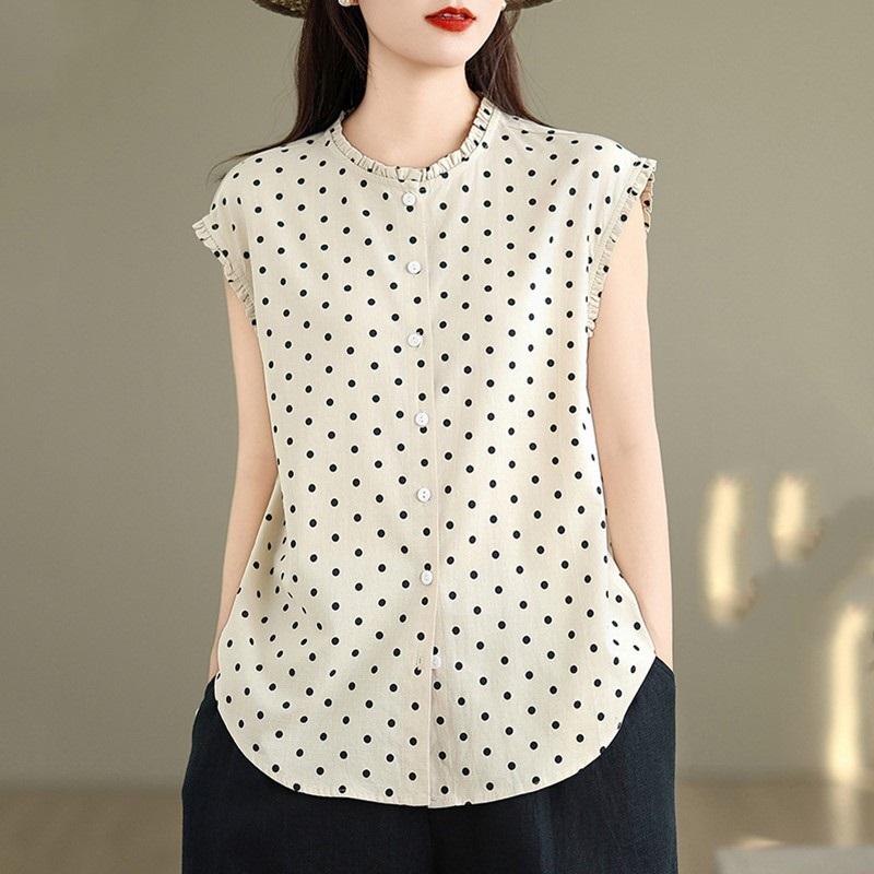 short sleeve oversized cotton Polka Dot vintage shirts & blouses for blouse Casual loose summer tops women button up shirt