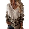 Autumn and Winter Leopard Print Color Blocked Knitted V-neck Pullover Women's Sweaters