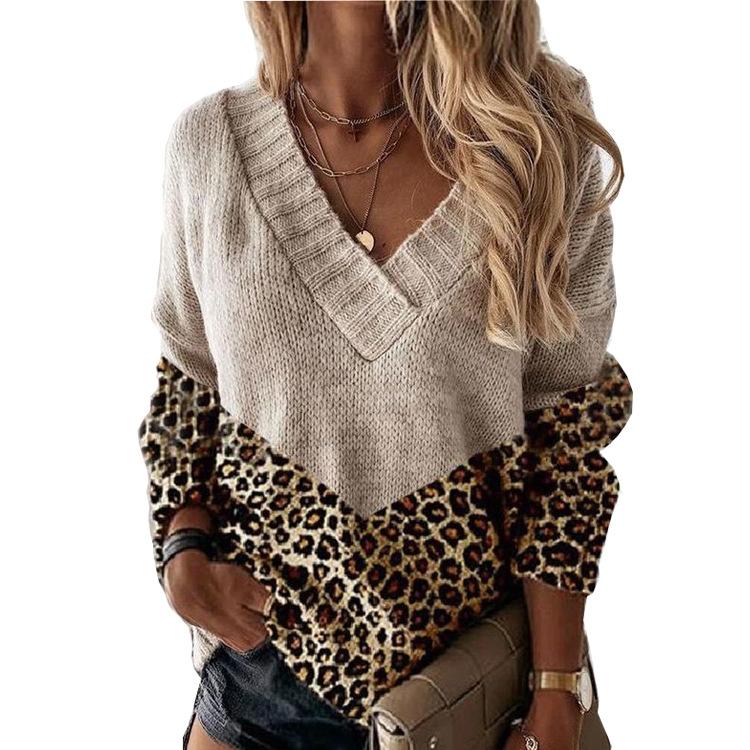 Autumn and Winter Leopard Print Color Blocked Knitted V-neck Pullover Women's Sweaters