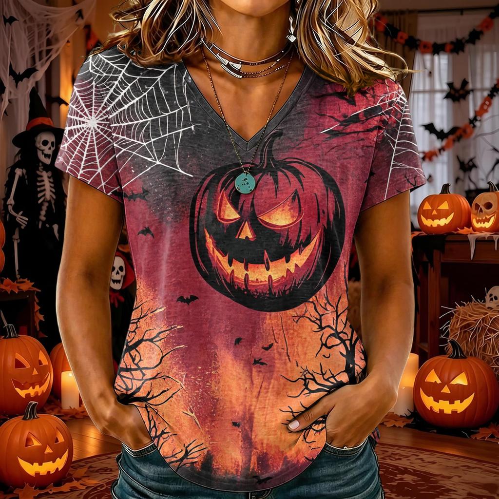 Dámske halloweenske tričko s V-výstrihom a krátkym rukávom, štýlový a pohodlný ležérny top