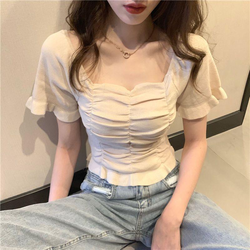 Women's French Square Neck Short Sleeved Knitted Shirt Women's Summer Slim Fit Base Shirt Short Top